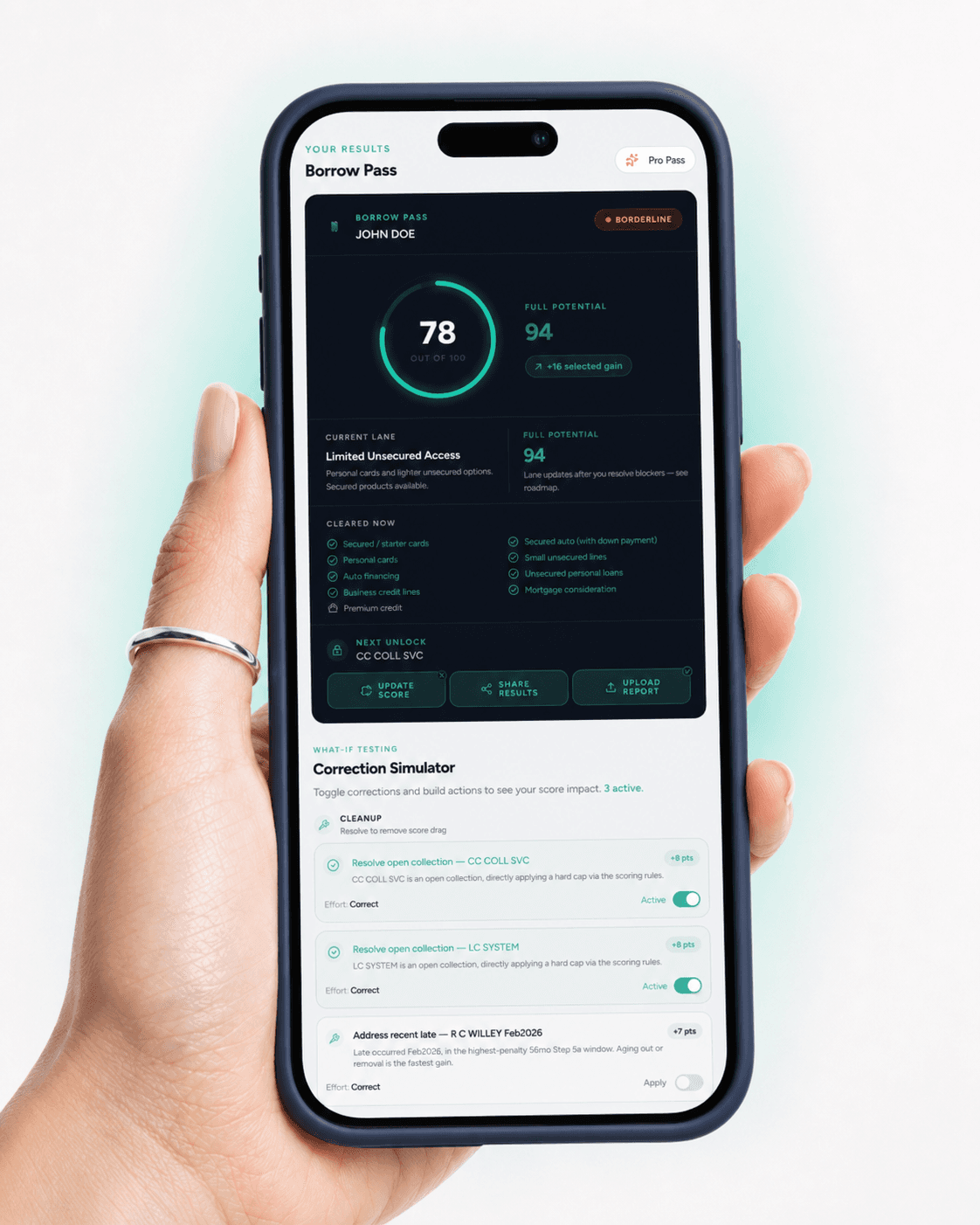 Borrow Pass mobile preview showing a sample result and simulator