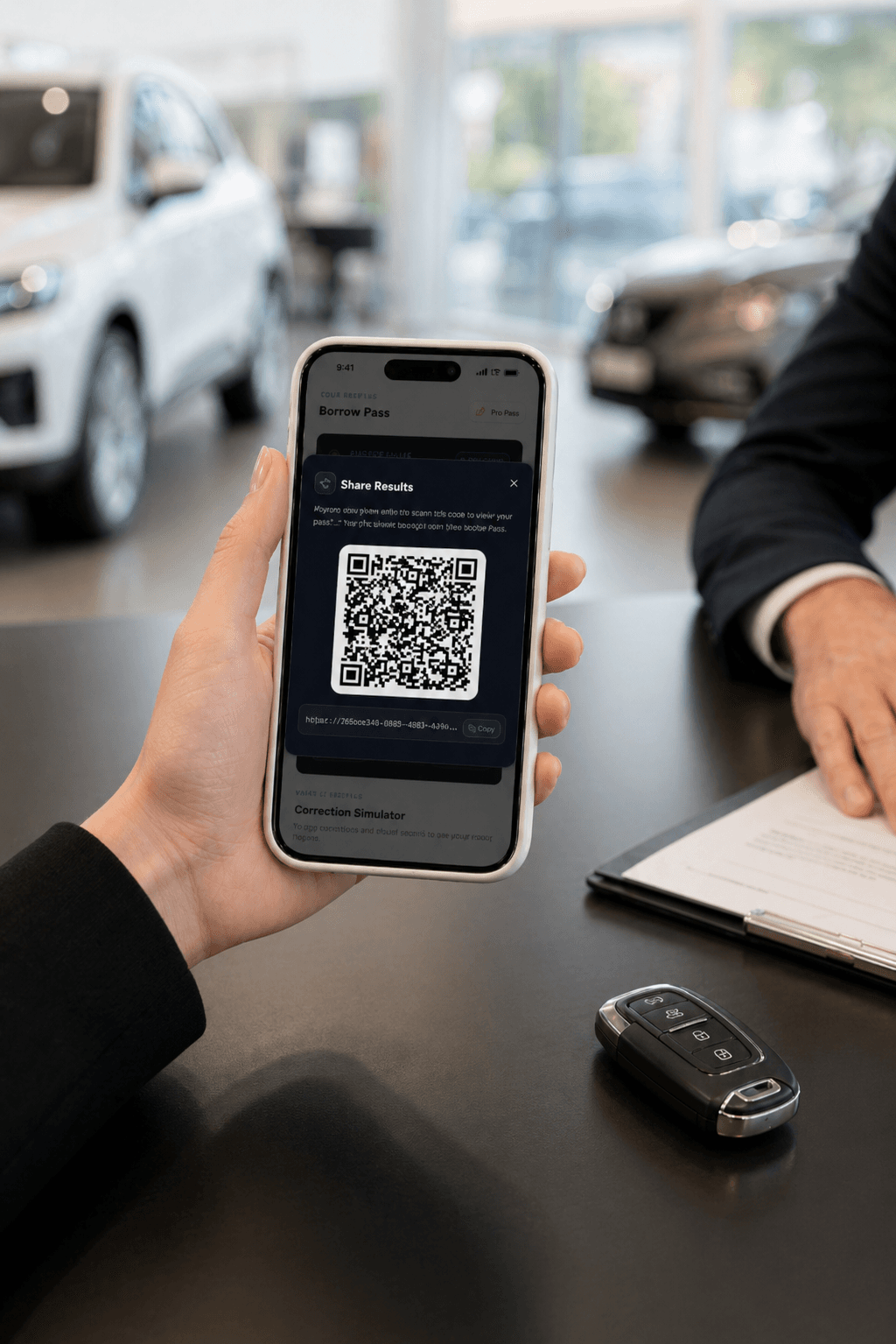 Borrow Pass phone preview held inside a car dealership