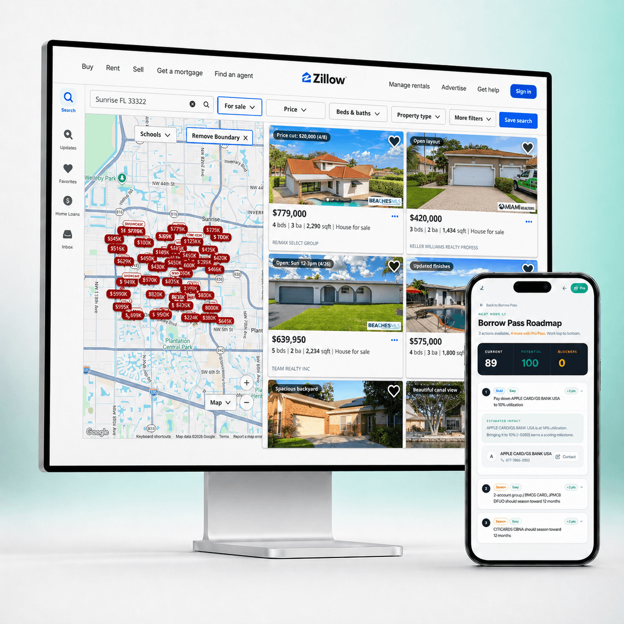 Borrow Pass roadmap preview beside a real estate search screen