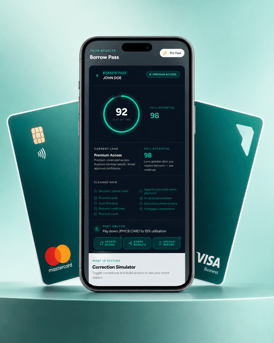 Borrow Pass preview on a phone with premium credit cards behind it